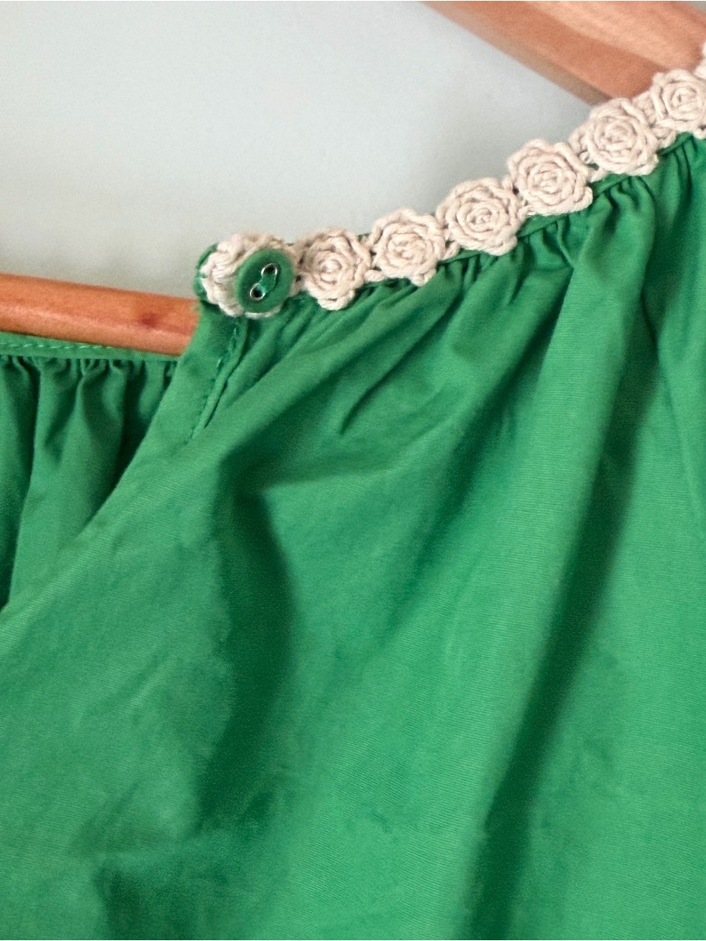 Anthropologie Short Sleeve Deco Trim Popover Green Cotton Puff Sleeve Blouse L - Picture 3 of 7